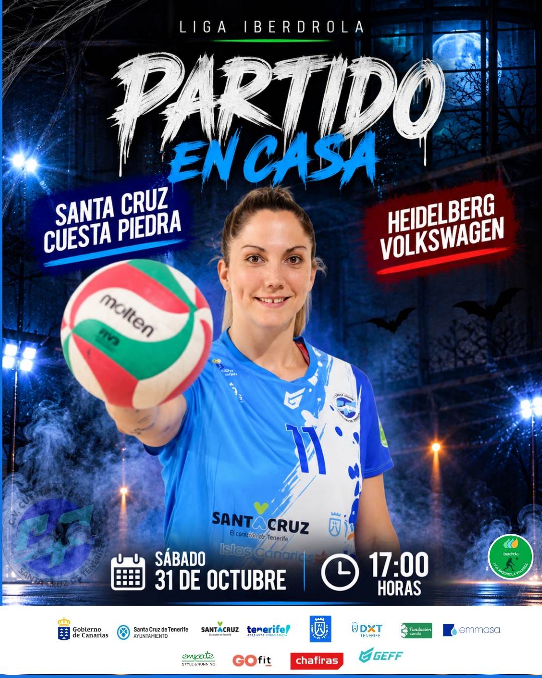 Cartel del Santa Cruz Cuesta Piedra contra Heidelberg Volkswagen, Liga Iberdrola, sábado 31 de octubre a las 17:00 horas, con una jugadora sosteniendo un balón.