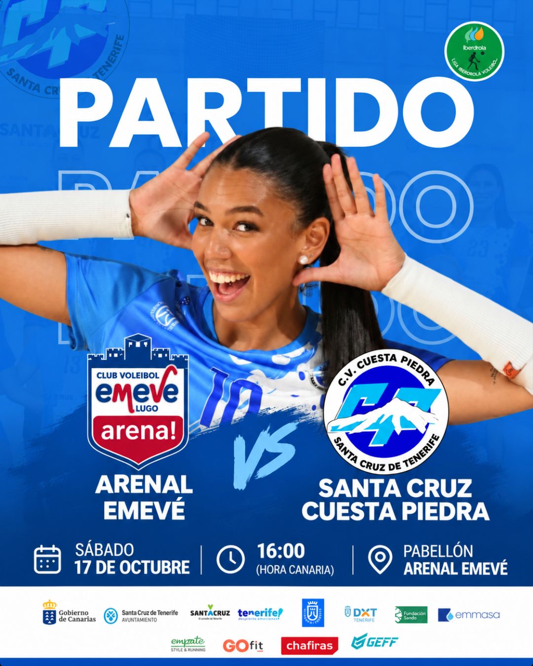 Cartel de Arenal Emevé contra Santa Cruz Cuesta Piedra, Liga Iberdrola, sábado 17 de octubre a las 16:00 horas de Canarias en el Pabellón Arenal Emevé de Lugo.