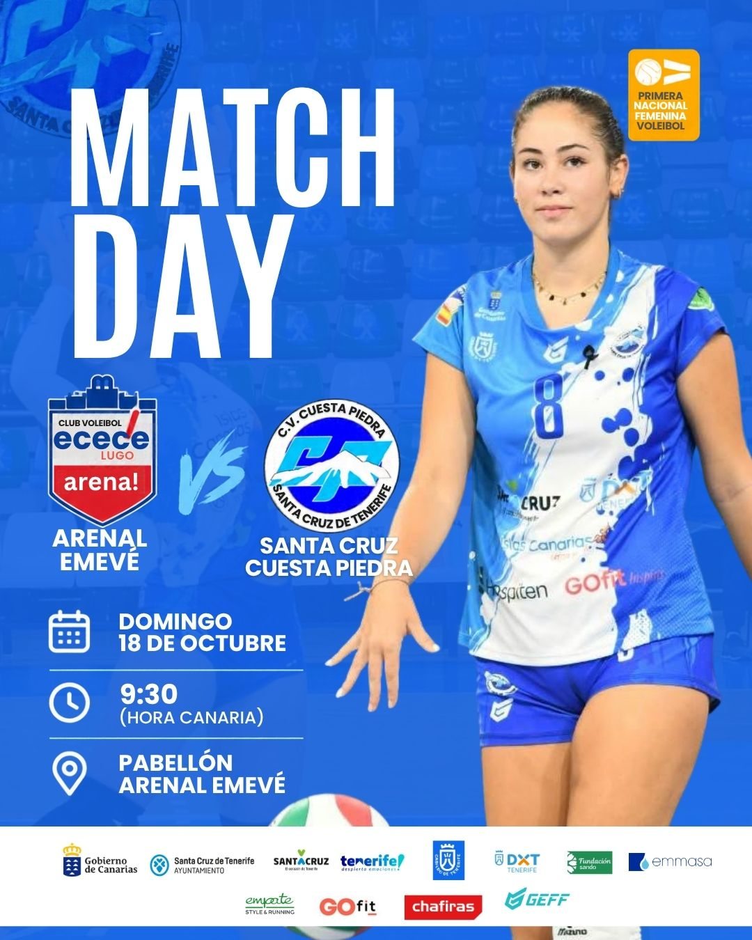 Cartel de Arenal Emevé contra Santa Cruz Cuesta Piedra, Primera Nacional Femenina, domingo 18 de octubre a las 9:30 horas de Canarias en el Pabellón Arenal Emevé de Lugo.